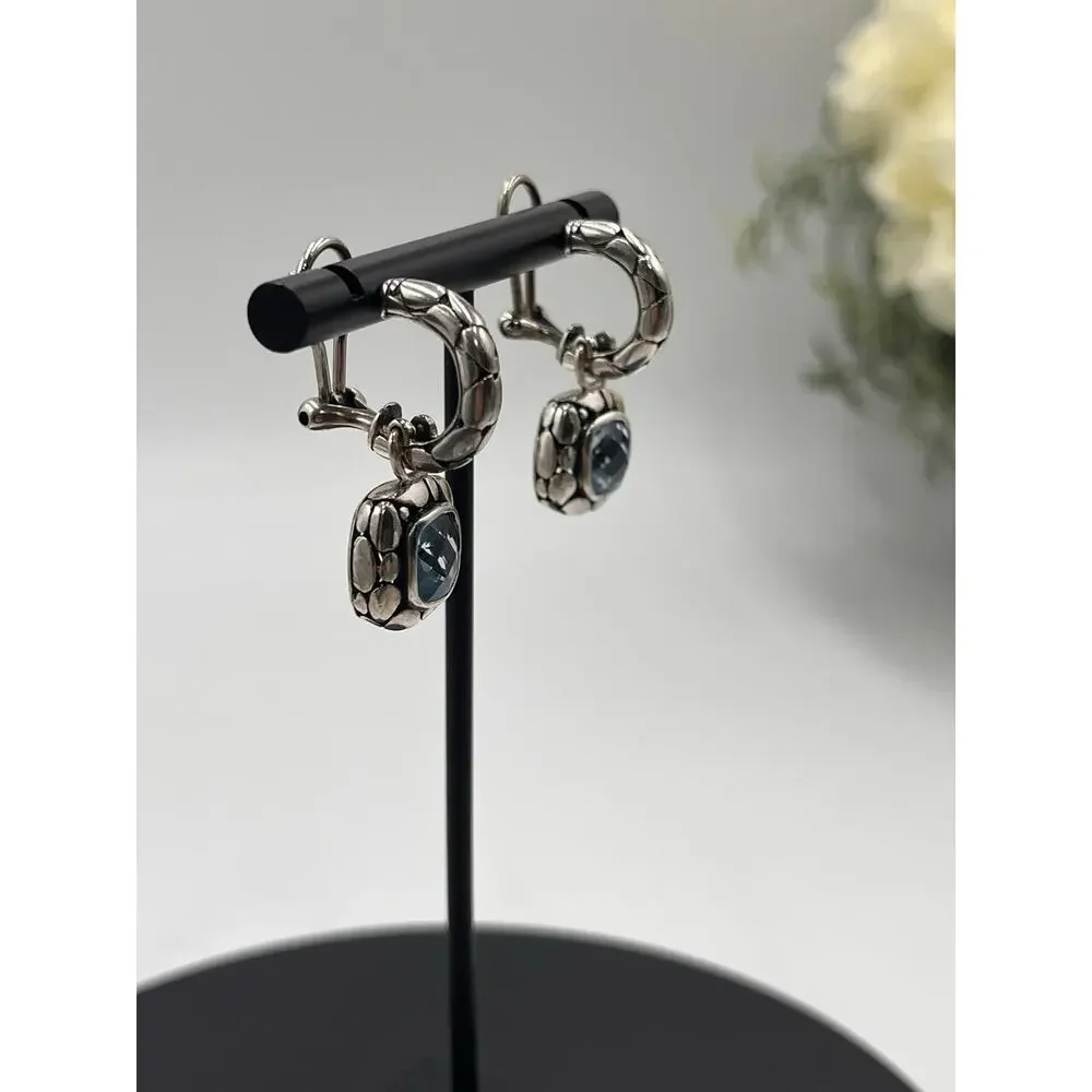 Sterling Silver 925 Faceted Blue CZ Bali Style Hoop‎ Dangle Earrings
